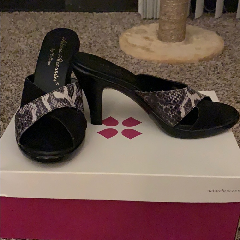 black faux snakeskin high heeled slides